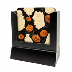 Wooden Coasters - Halloween Ghost Design - Set Of 4 W/ Coaster Caddy -Endurance Sales wood sq coasters halloween ghost web 3