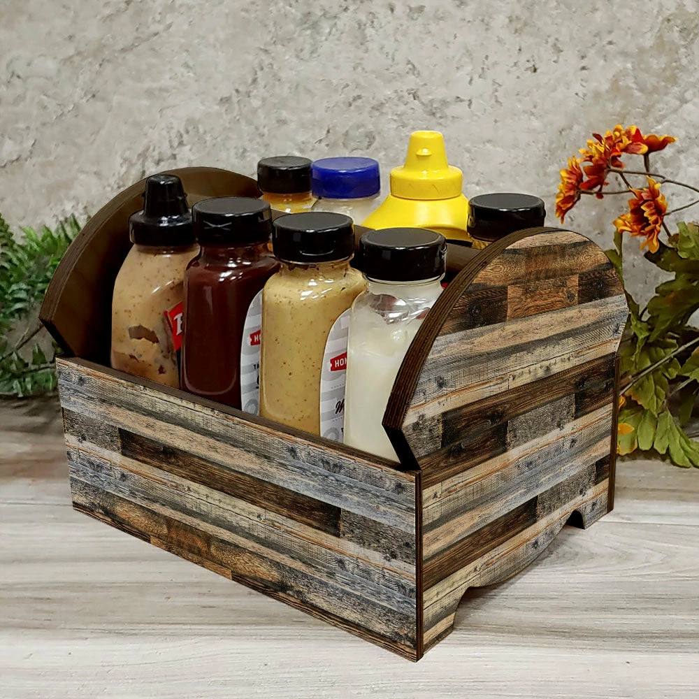 Wooden Condiment Caddy W/ Handle - Rustic Wood Planks 4 Wooden Condiment Caddy W/ Handle - Rustic Wood Planks - Image 2